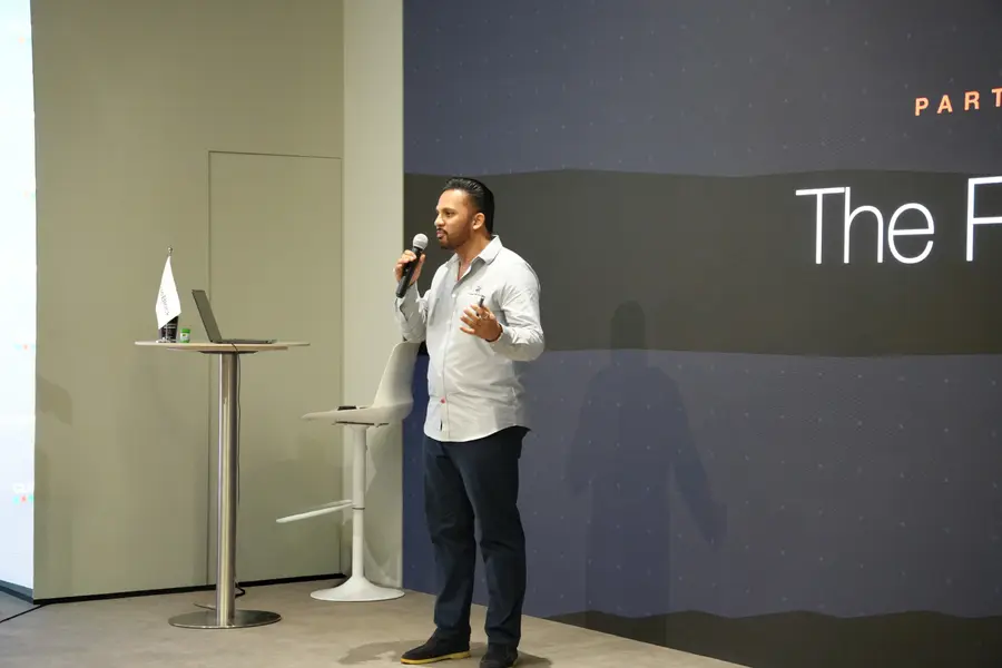 Vishal Sachar speaking from the stage at TheBlock.